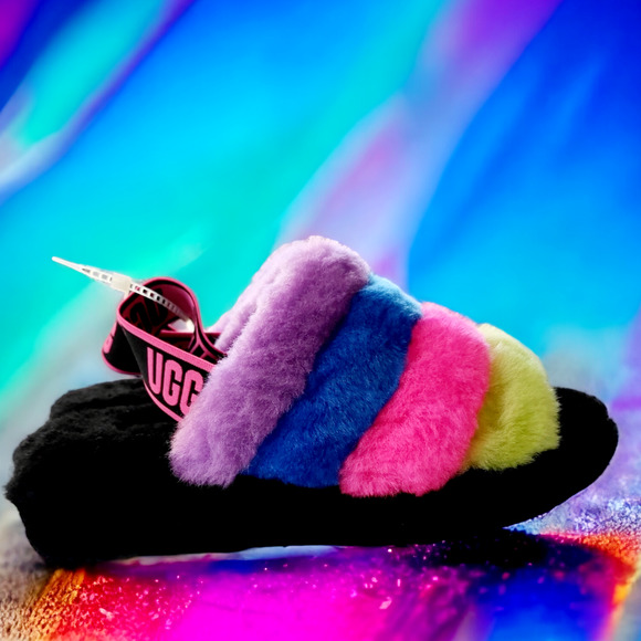 UGG Fluff Yeah Classic Slides Black Taffy Pink Neon Women's Size 7 - Picture 2 of 8